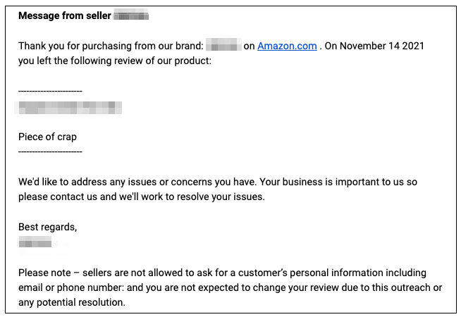 customer support message template amazon fba negative reviews