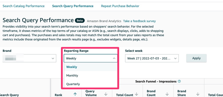 weekly reporting range 𝗦𝗲𝗮𝗿𝗰𝗵 𝗤𝘂𝗲𝗿𝘆 𝗣𝗲𝗿𝗳𝗼𝗿𝗺𝗮𝗻𝗰𝗲 amazon new seo analytics tool