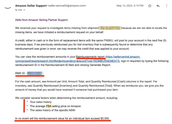 amazon email reimbursed lost inbound inventory FBA